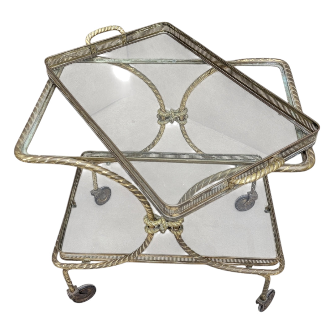Mid Century French Bagues Style Brass Rope Bar Cart on Wheels with Removable Tray