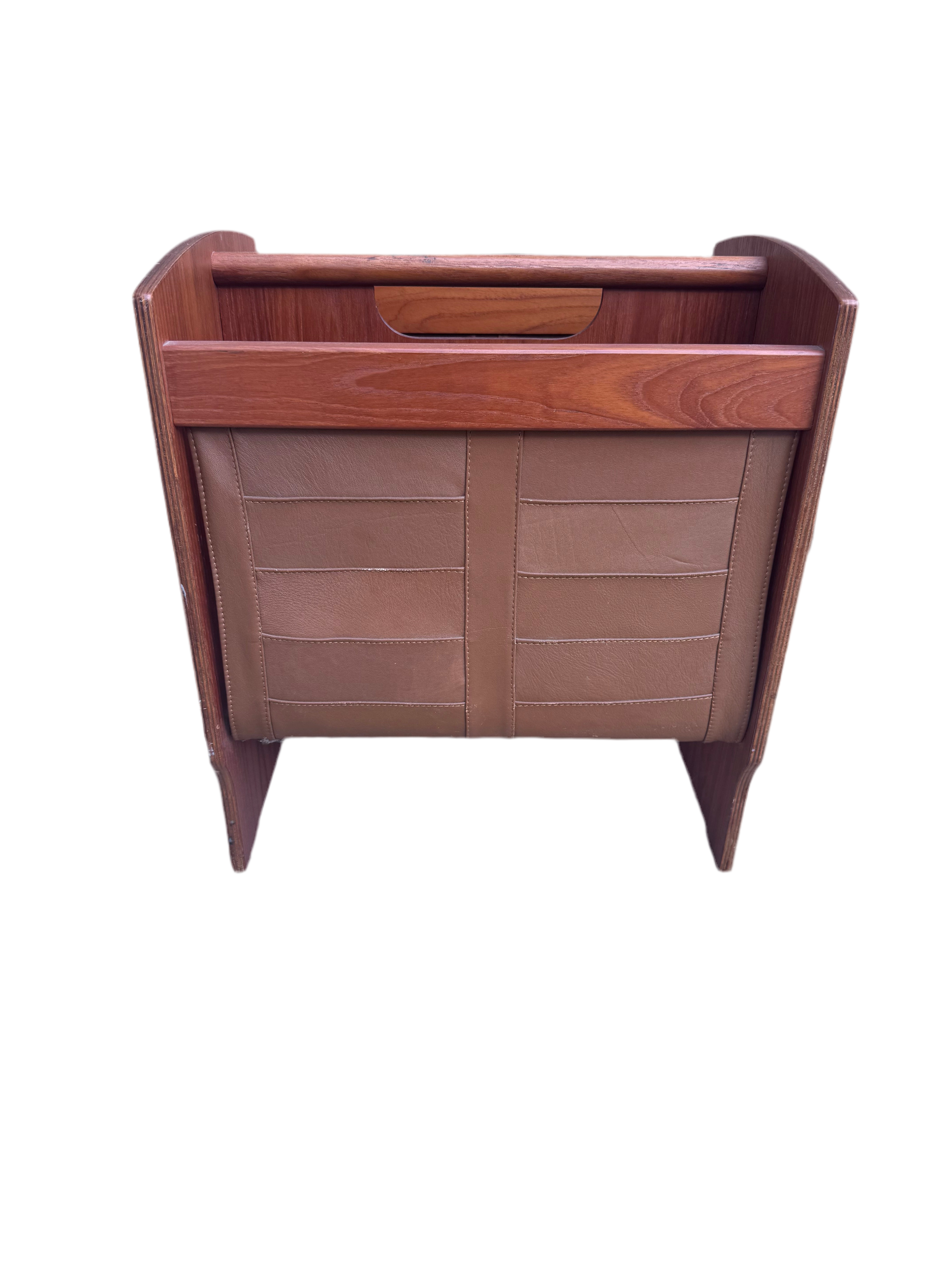 Vintage Scandinavian Wood and Leather Magazine Rack