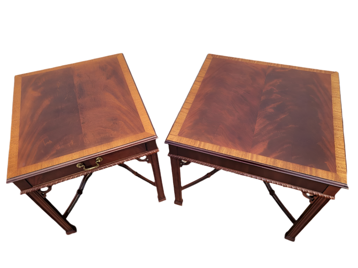 Vintage Drexel Heritage Chippendale Banded-Top Flame Mahogany Accent Tables - Set of 2