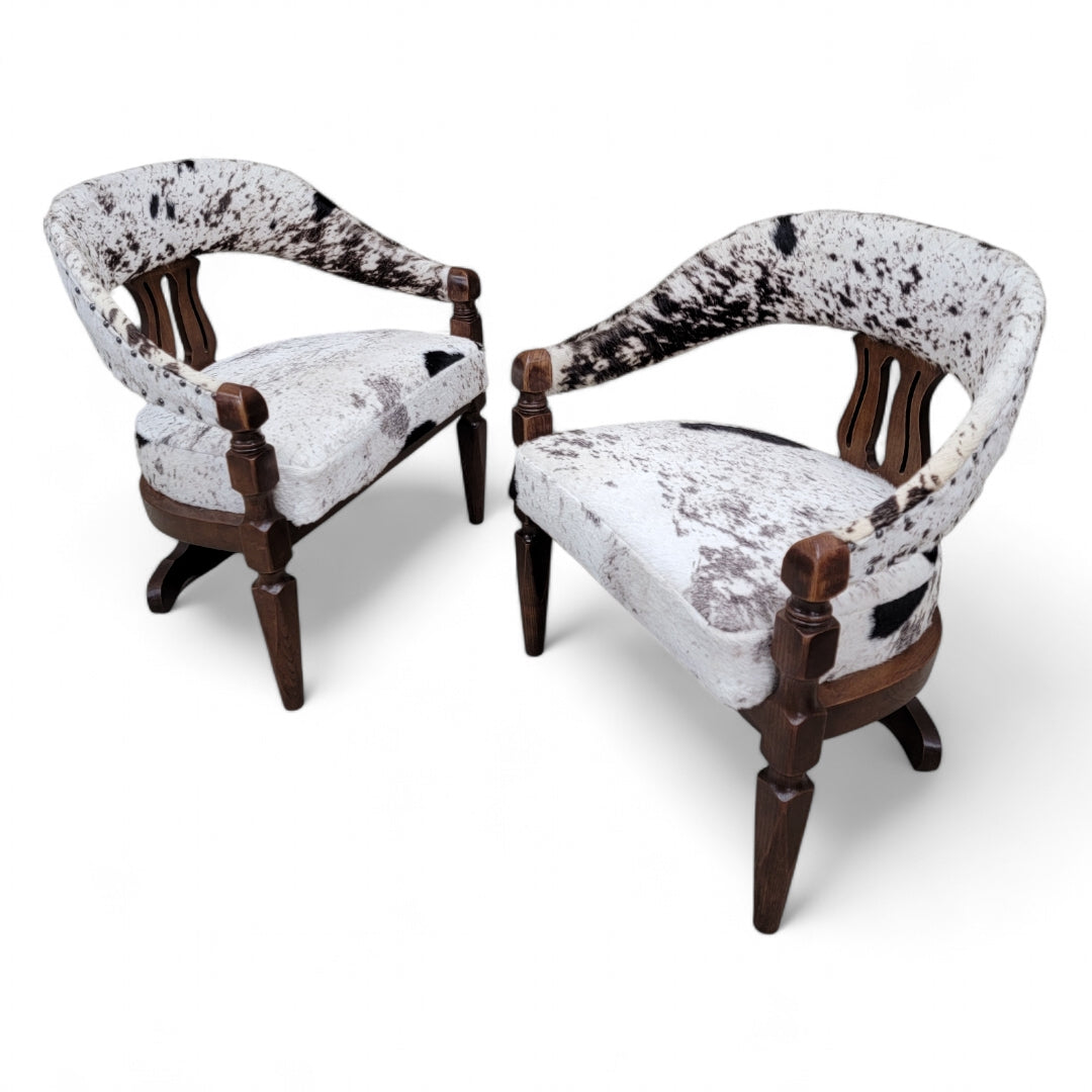 Modern Asian Inspired Carved Curved Back 3 Leg Dining Chairs Upholstered in Cowhide - Set of 4