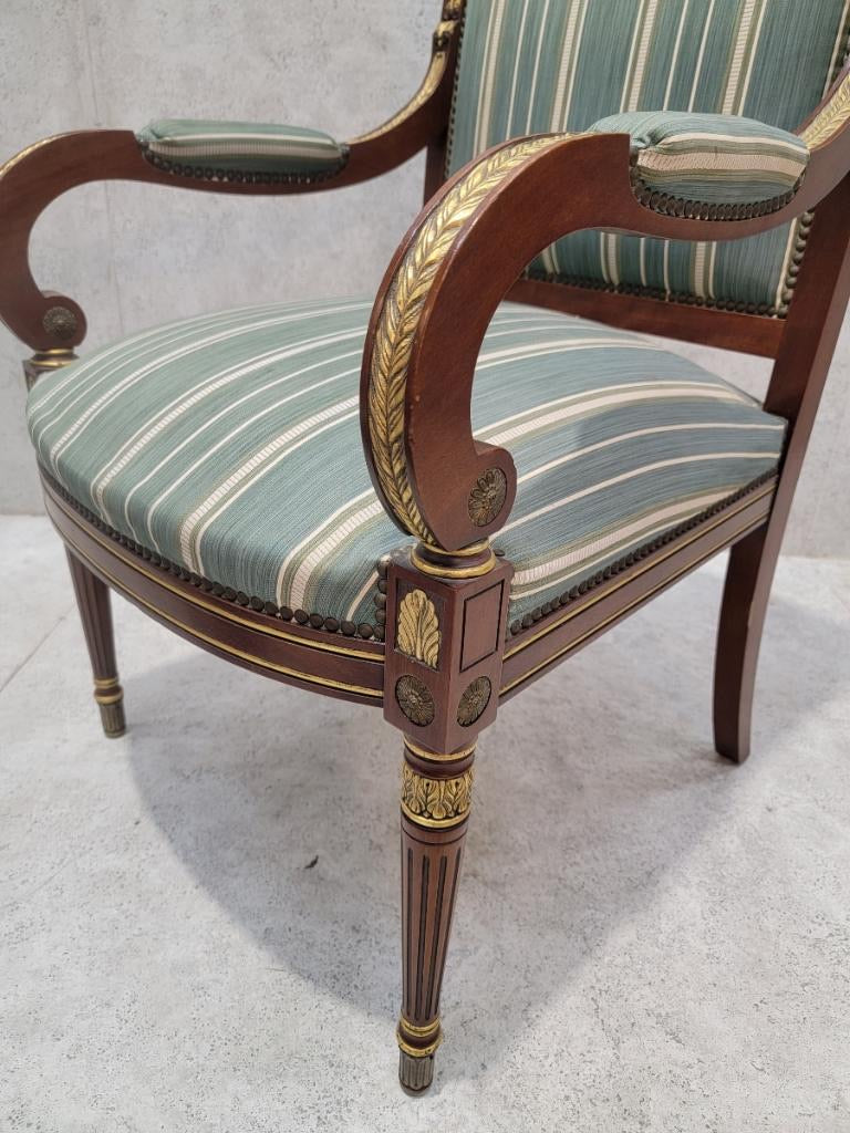 Antique French Empire Mahogany and Gilt Bronze Mounted Armchair in Blue Patterned Stripped Silk Blent - Pair
