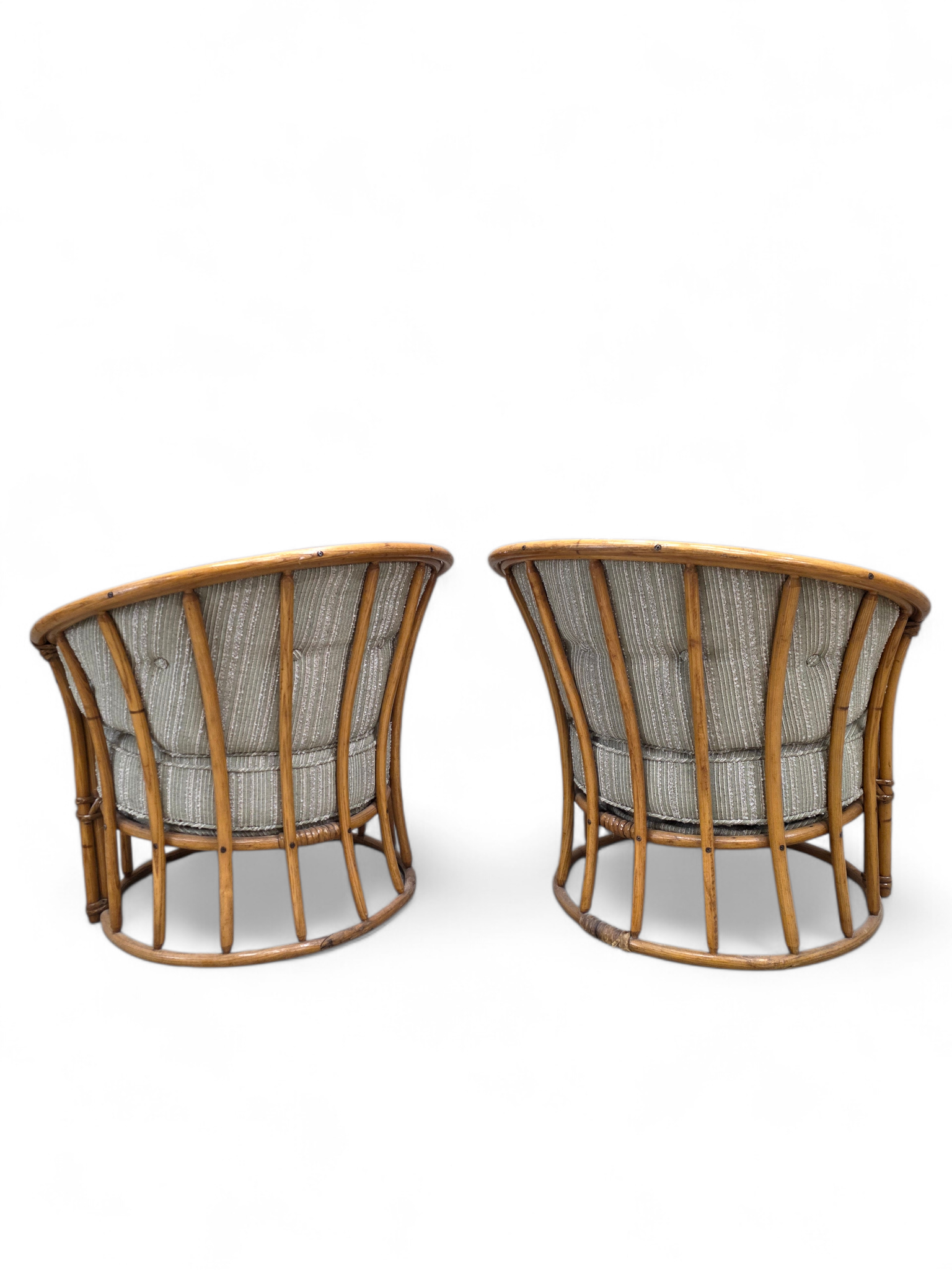 MCM Heywood Wakefield “Ashcraft” Bamboo Style Rattan Chairs Newly Reupholstered – Pair