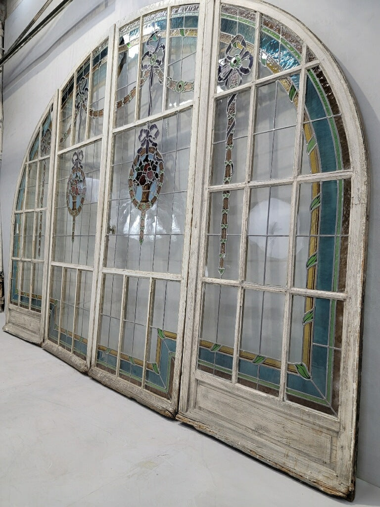 Antique Monumental French Arched Stained Glass Door Set
