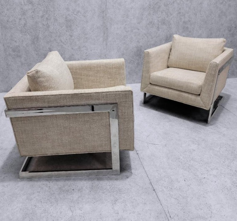 Mid Century Modern Newly Upholstered Milo Baughman Chrome Flat Bar Cantilever Club Chairs in Natural Linen Boucle - Pair