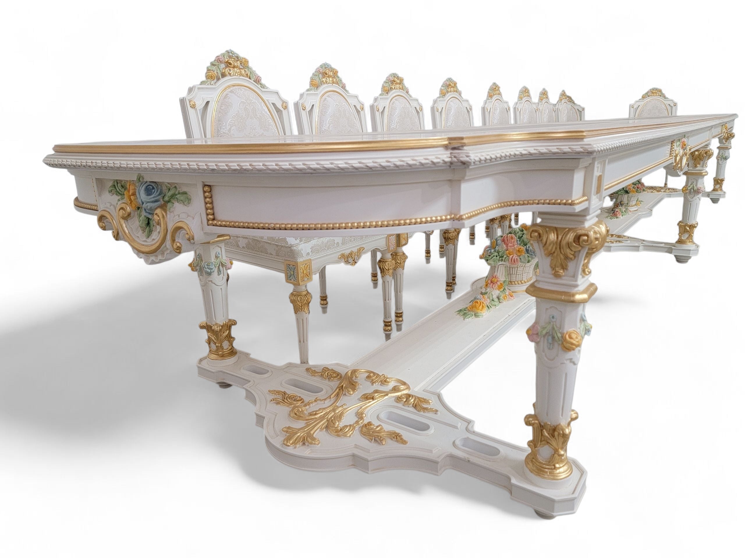 Vintage Monumental 20 Seat Venetian Rococo Gilded Hand Painted Capodimonte Style Dining Set