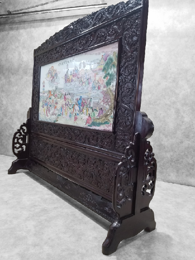 Antique Chinese Porcelain Ornate Carved Rosewood Dragon Motif Frame Screen/Room Divider