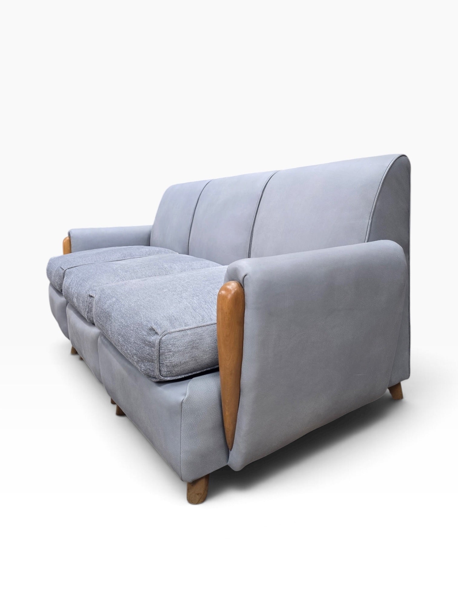 Mid Century Modern Heywood Wakefield Modular Sectional Sofa Newly Reupholstered in Powder Blue Holly Hunt Leather