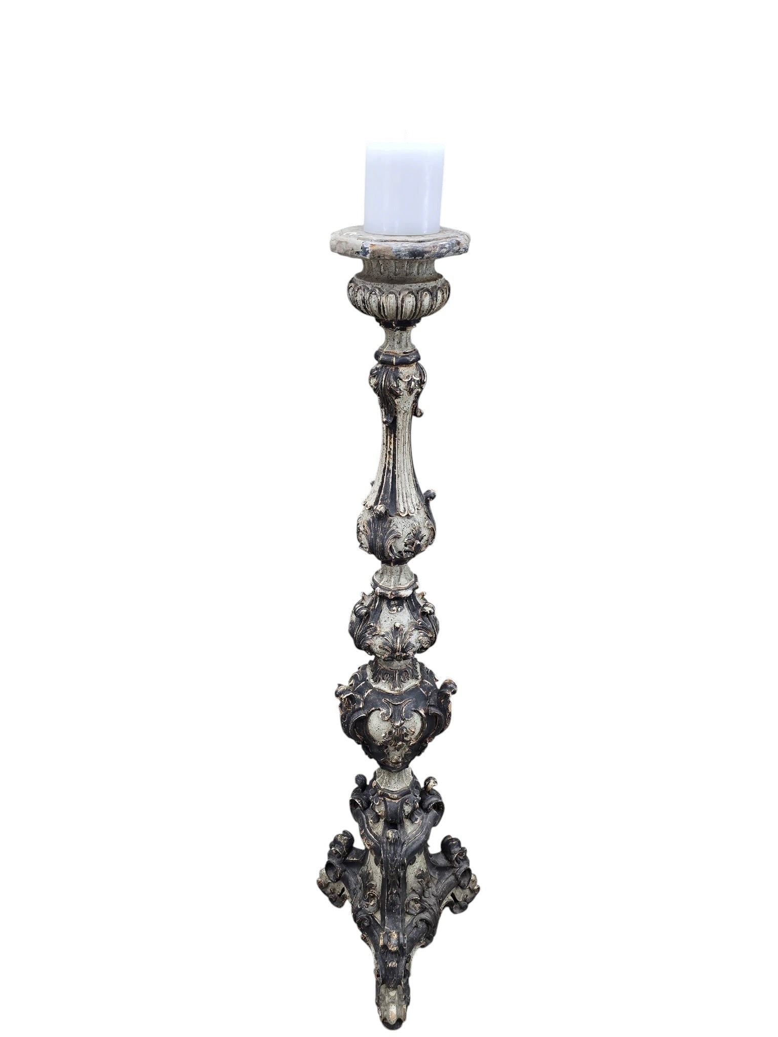 Italian Baroque Revival Monumental Carved Polychrome & Gilt Floor Candlestick