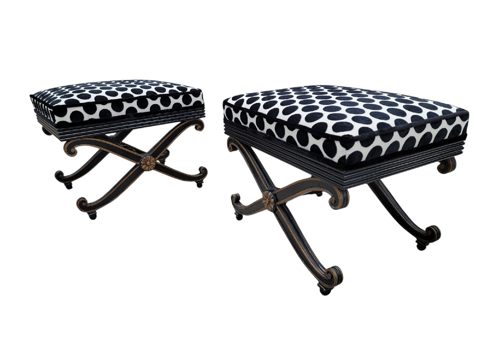 Vintage French Regency Style Ottomans Newly Upholstered in Black & White Velvet Polka Dot Fabric - Pair