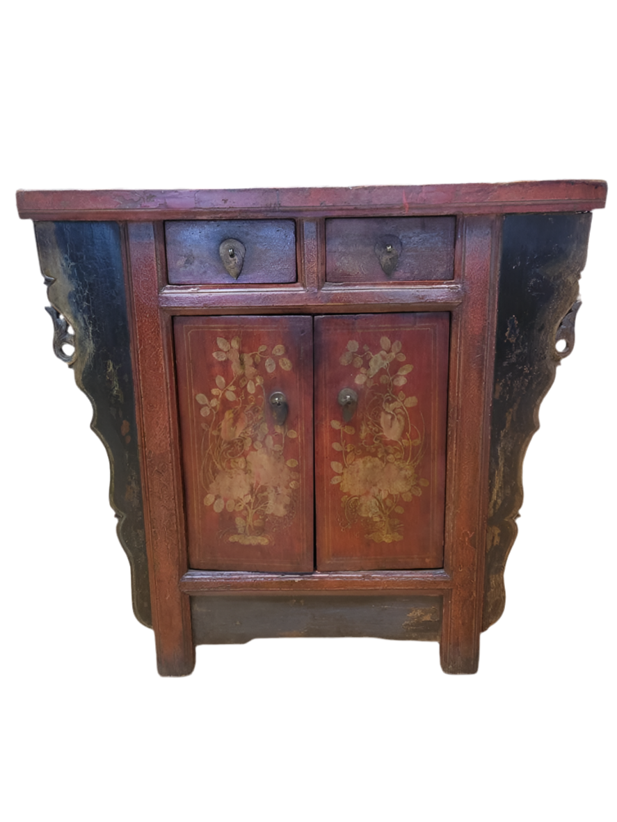 Antique Shanxi Province Winged Red Lacquer Painted Cabinet