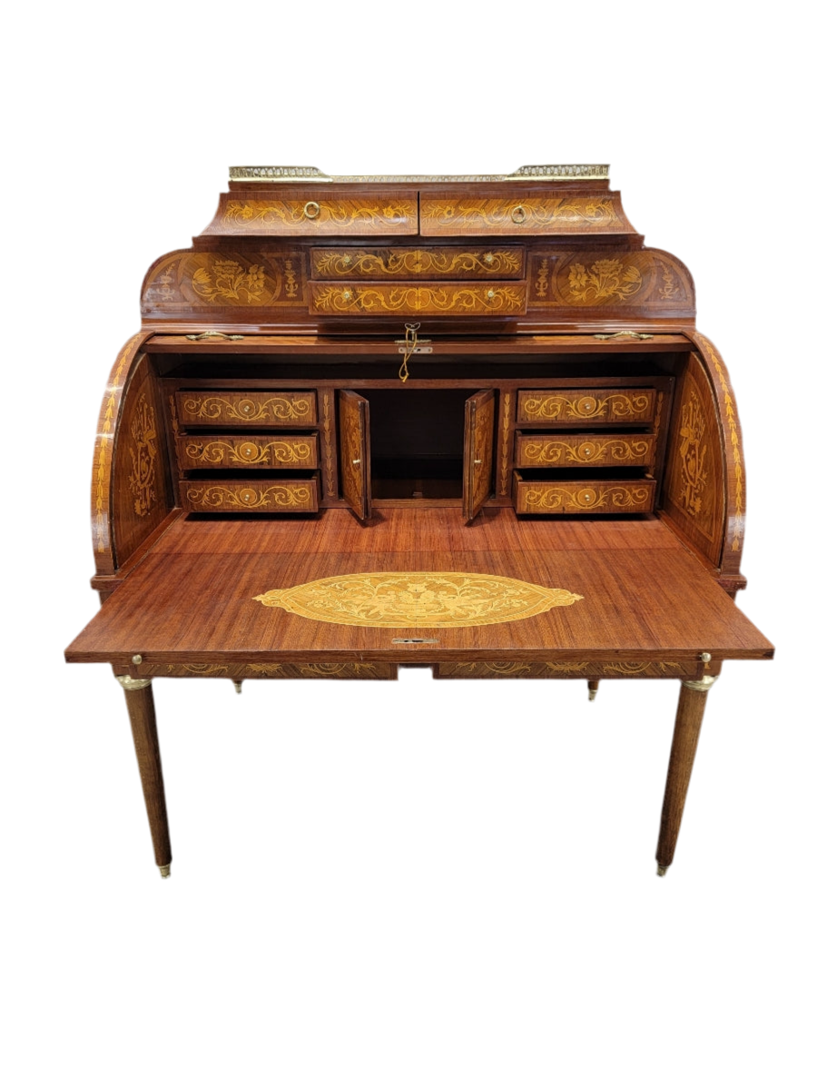 Antique Monumental French Regency Inlaid Brass Mounted Barrel Roll Top Cylinder Desk