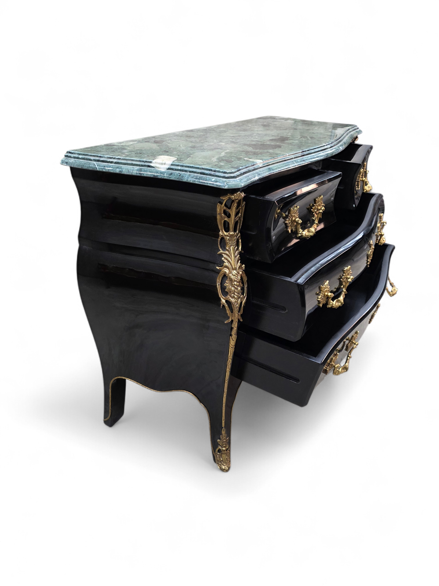 Vintage French Louis XV Style Black Lacquer Bombe Commode