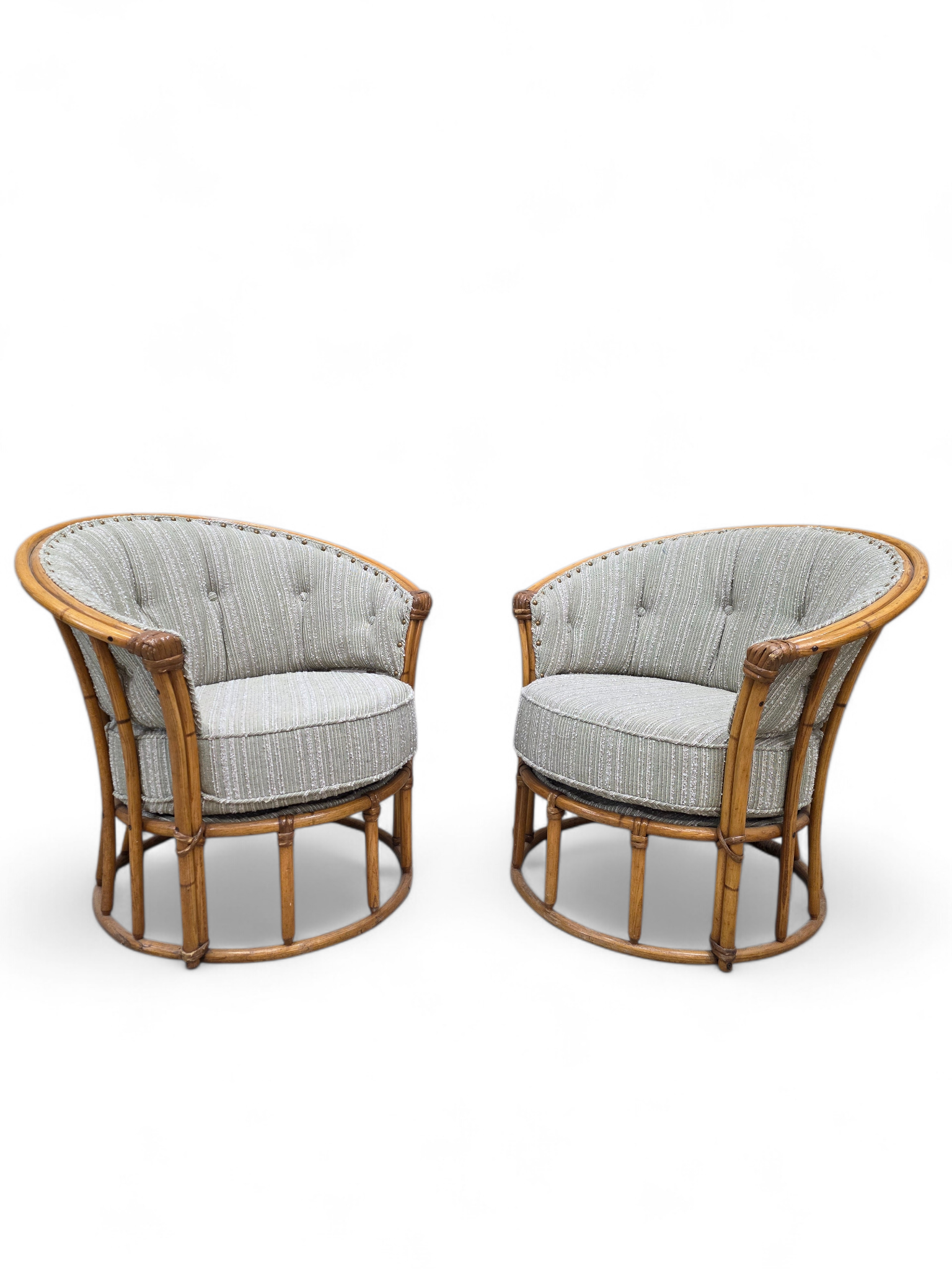 MCM Heywood Wakefield “Ashcraft” Bamboo Style Rattan Chairs Newly Reupholstered – Pair