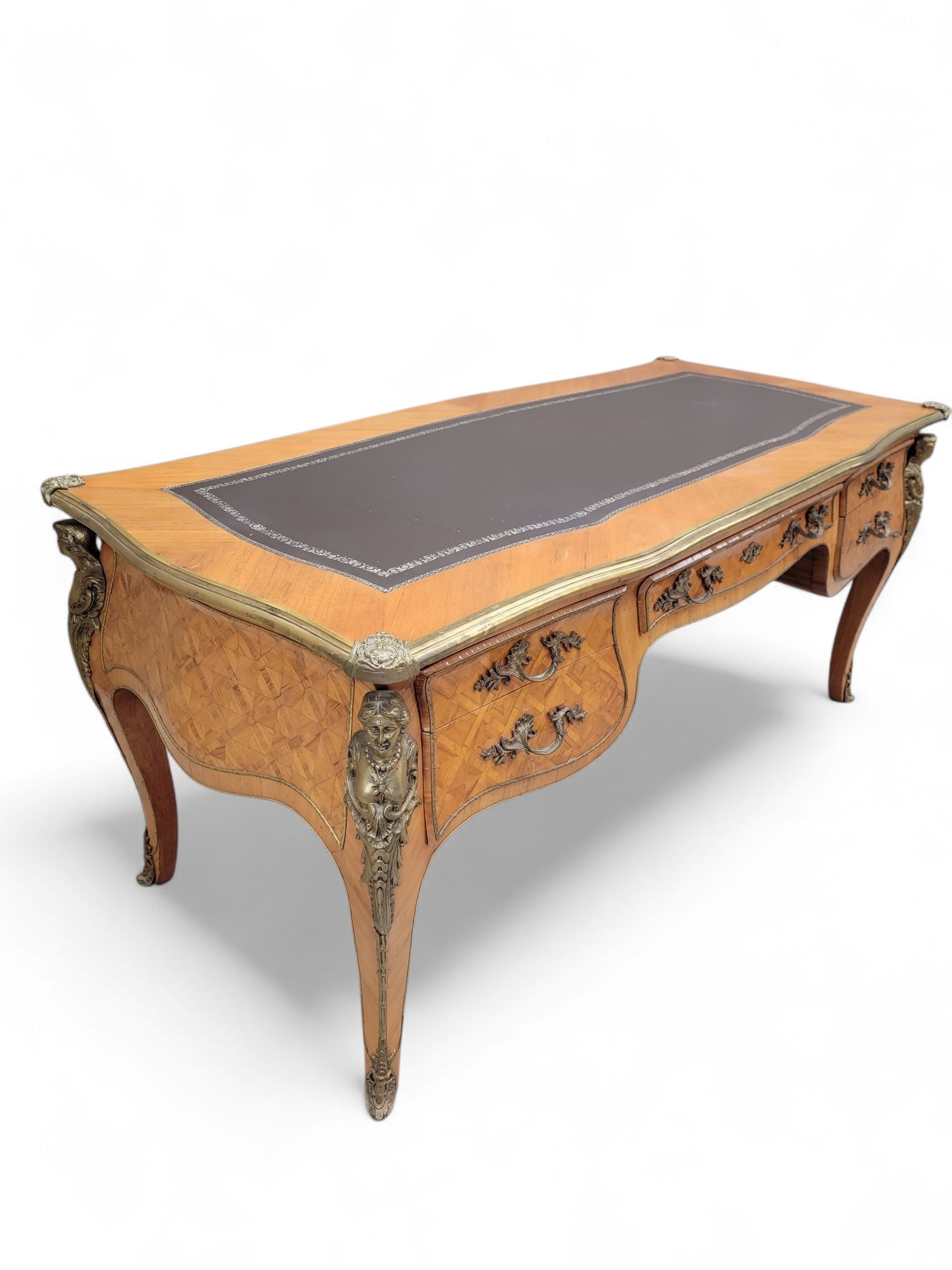 Antique French Satinwood Parquetry Louis XVI Writing Desk, Tooled Leather Top & Ormolu