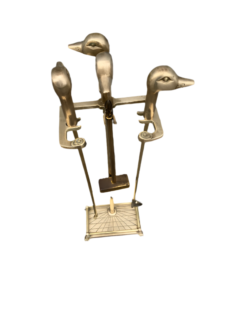 Vintage French Neoclassical Brass Mallard Duck Head Fireplace Tools