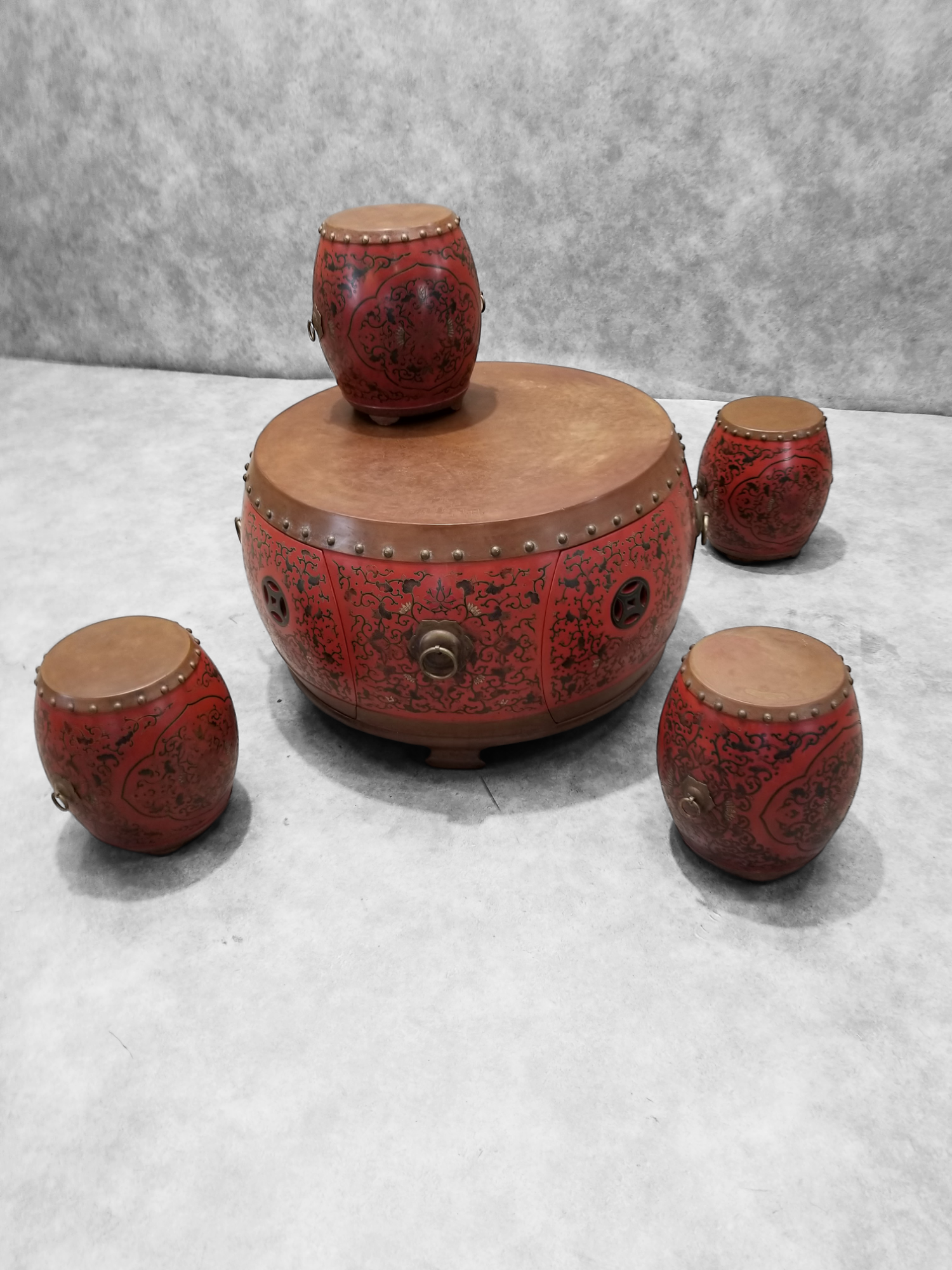 Vintage Asian Style Red Coromandel Drum Coffee/Side Table - Set of 5