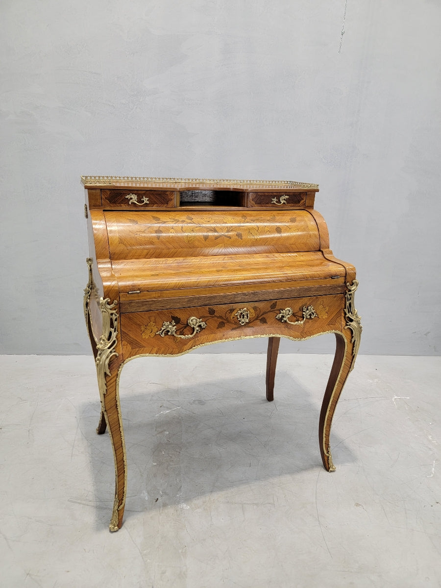 Antique French Louis XV Style French Tulip and Rosewood Marquetry Roll-Top Secretary Writing Desk