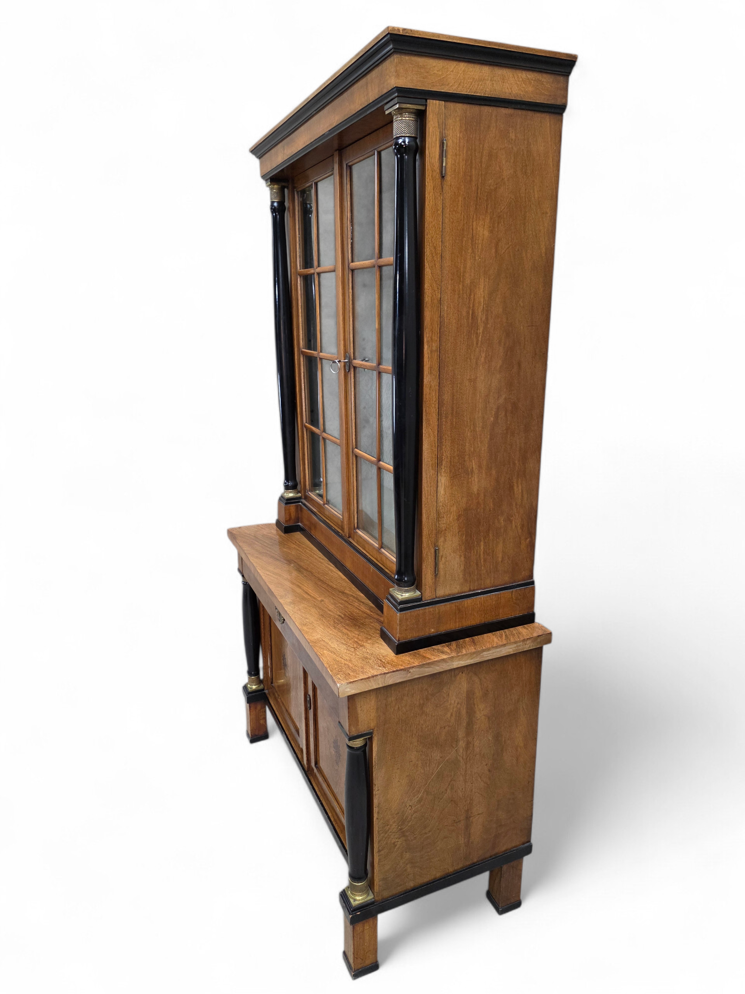 Antique Biedermeier Style Walnut Bookcase Vitrine