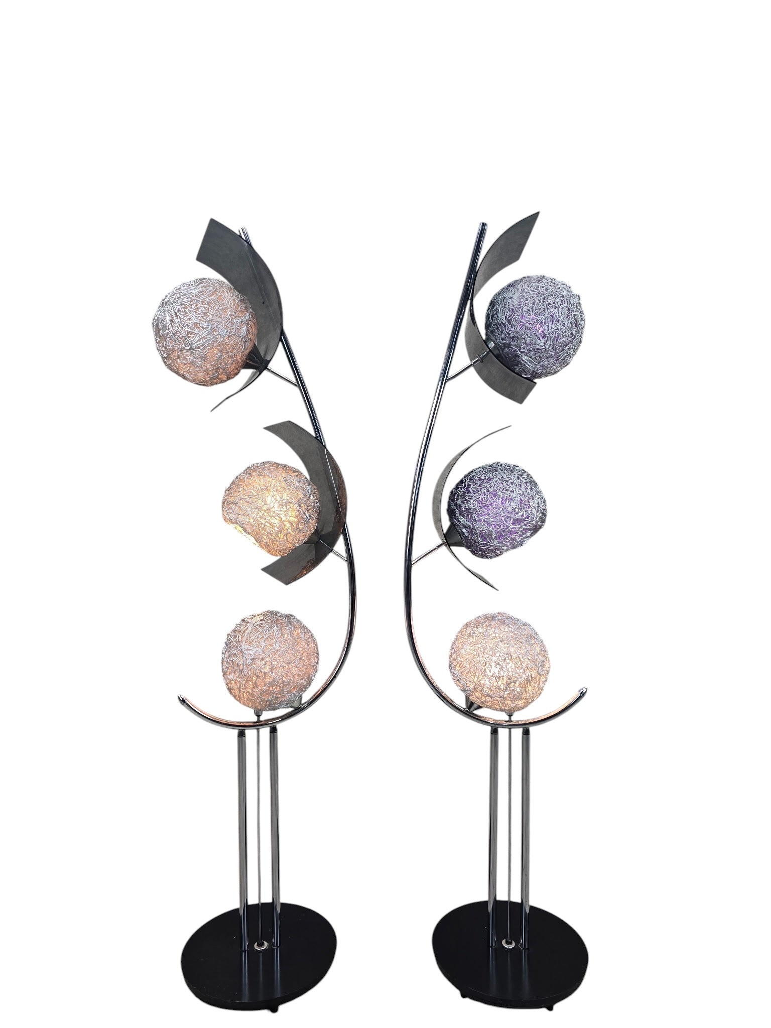 MCM Chrome Triple Light Lamps with Metal Spaghetti Shades – Pair