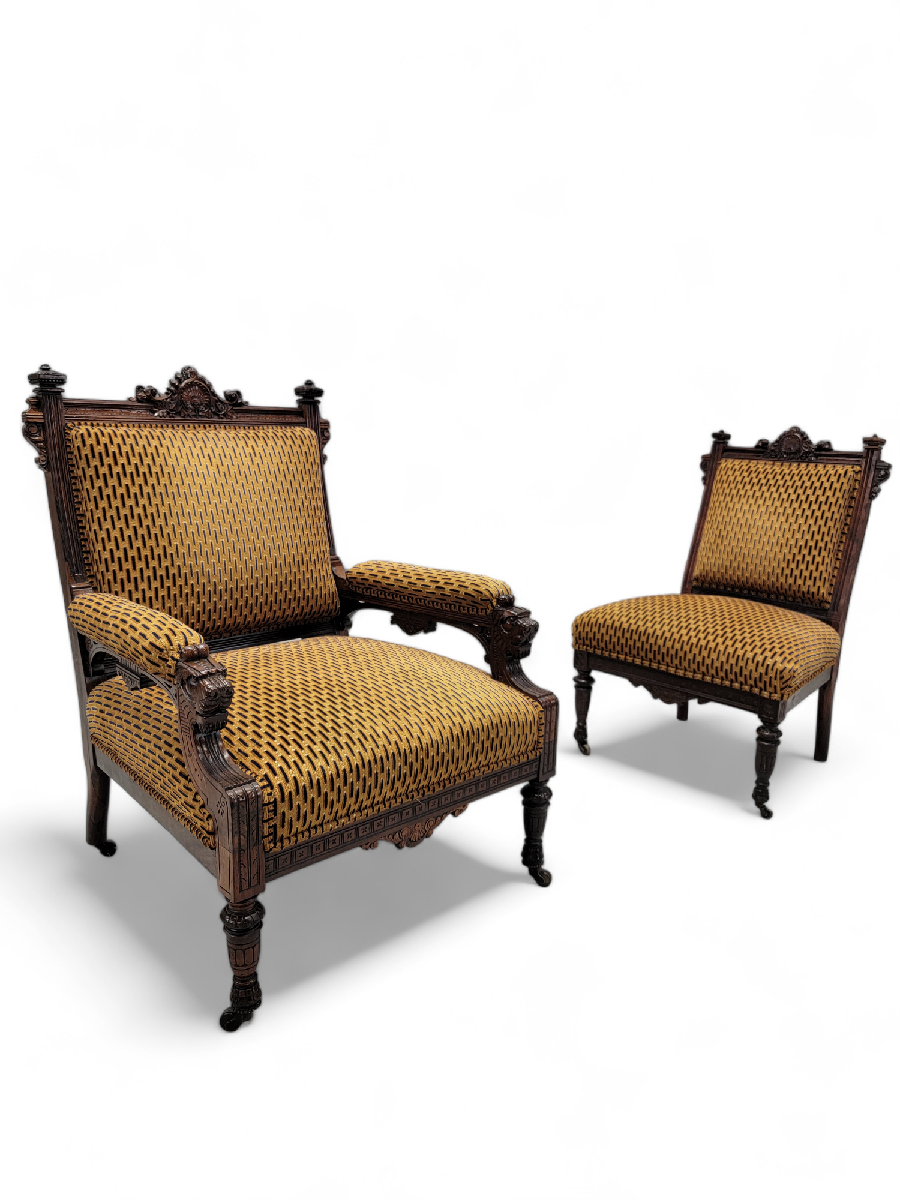 Antique Renaissance Revival Figural Carved Framed Parlor Chairs Reupholstered in a Patterned Belgian Chenille - Set of 2