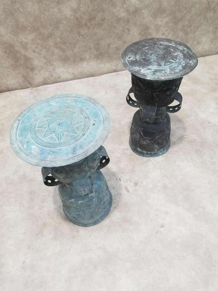 HOLD - Antique Balinese Hammered Bronze Rain Drum Garden Stool/Plant Stand - Set of 2