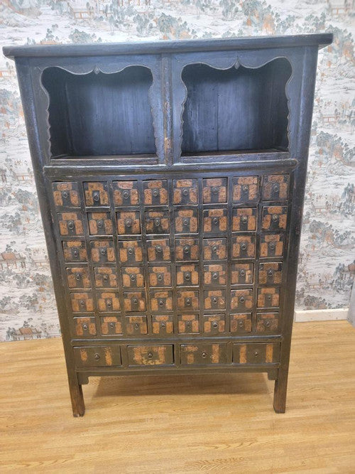Antique Shanxi Province Hand Painted Black Lacquer Tall Apothecary / Medicine Cabinet