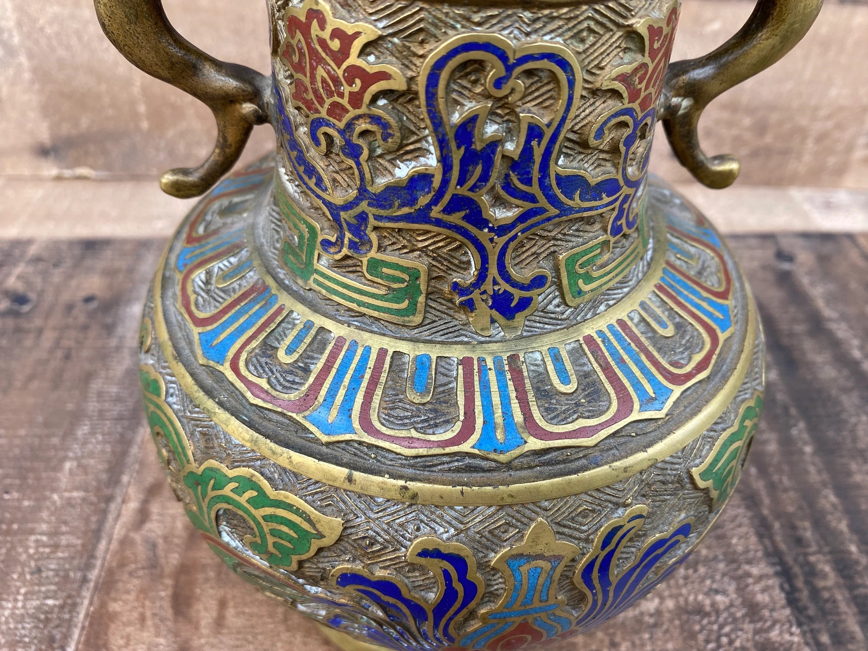 Antique Japanese Bronze Cloisonné/Champleve Vase Urn