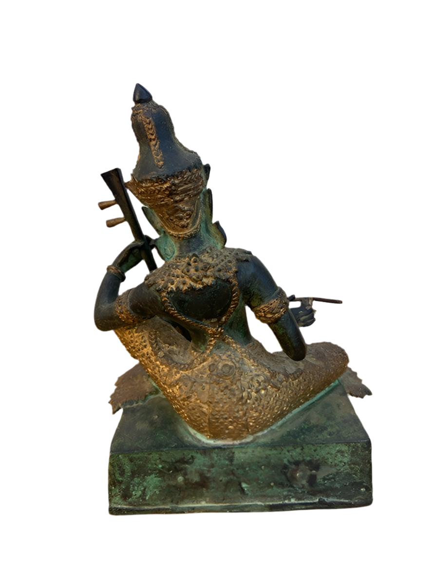 Antique Thai Prince Musician Gilded Bronze Statue Mandolin Music Player