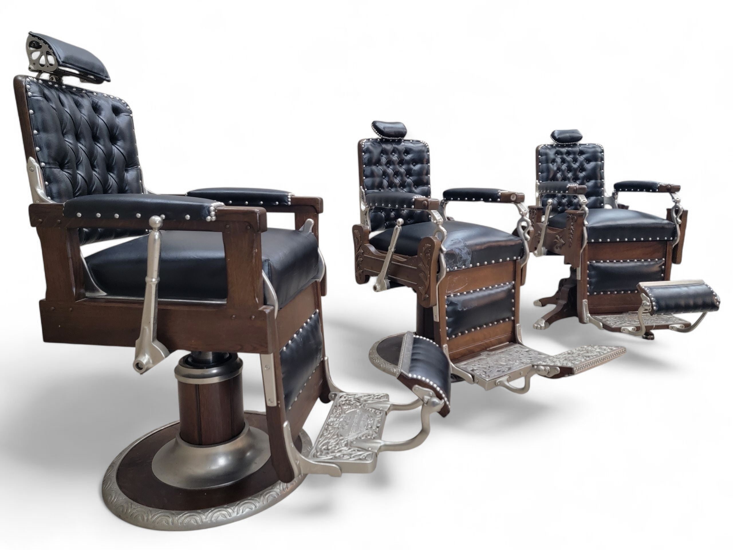 Antique Koken Restored Quartersawn Oak Barber Chairs in Black Leather – Set of 3