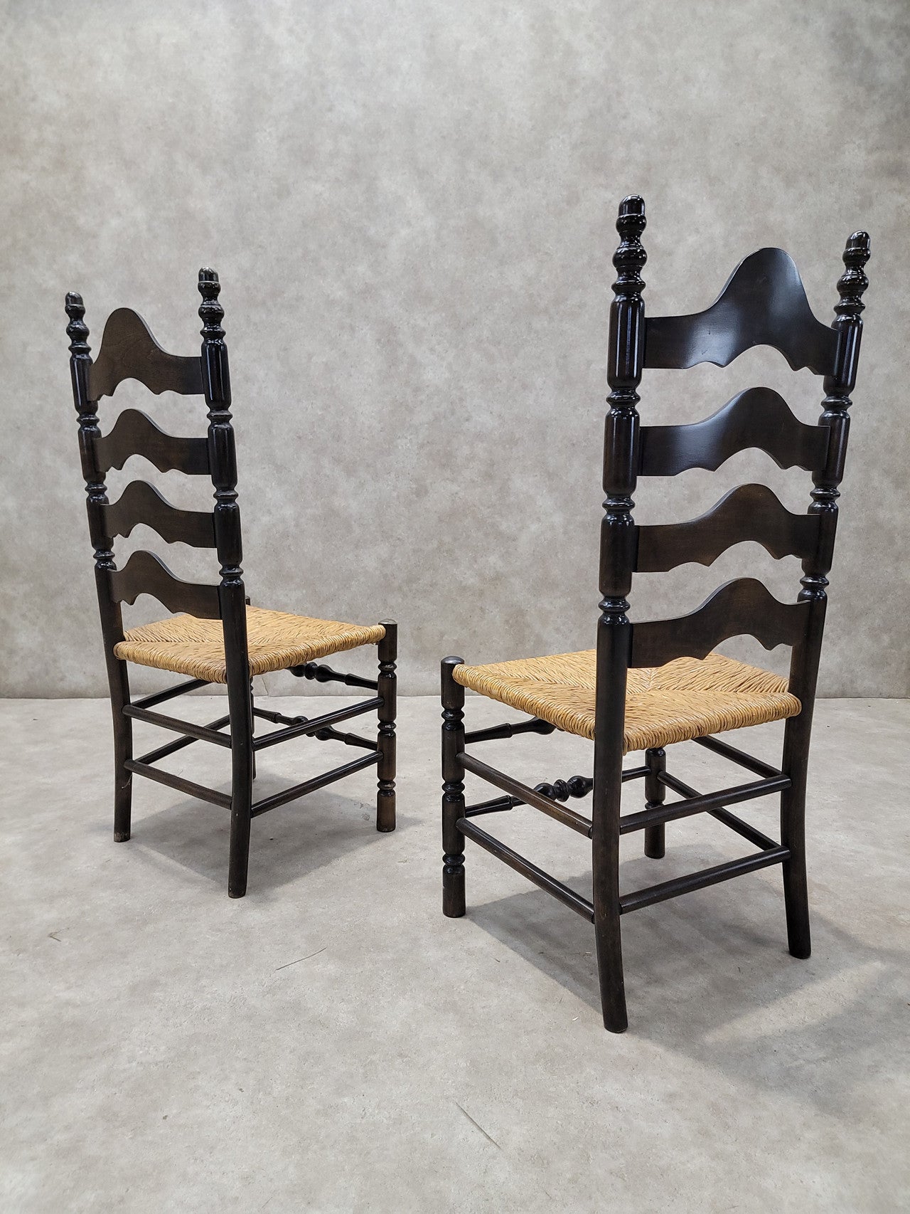 Vintage French Country Style Ladder Back Rush Seat Side Chairs - Pair