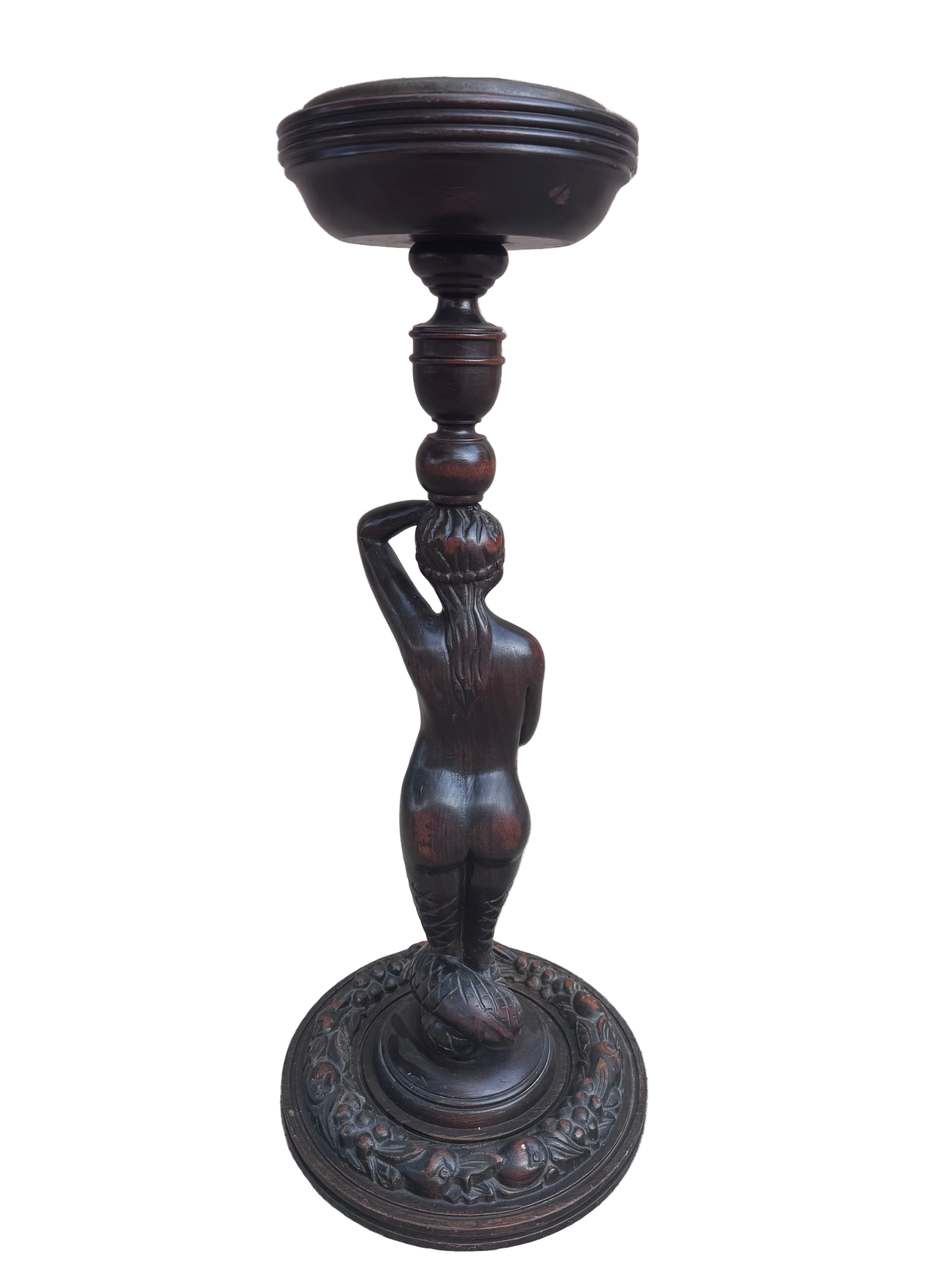 Antique Art Nouveau Style Carved Mahogany Mermaid Foor Ashtray Smoking Stand