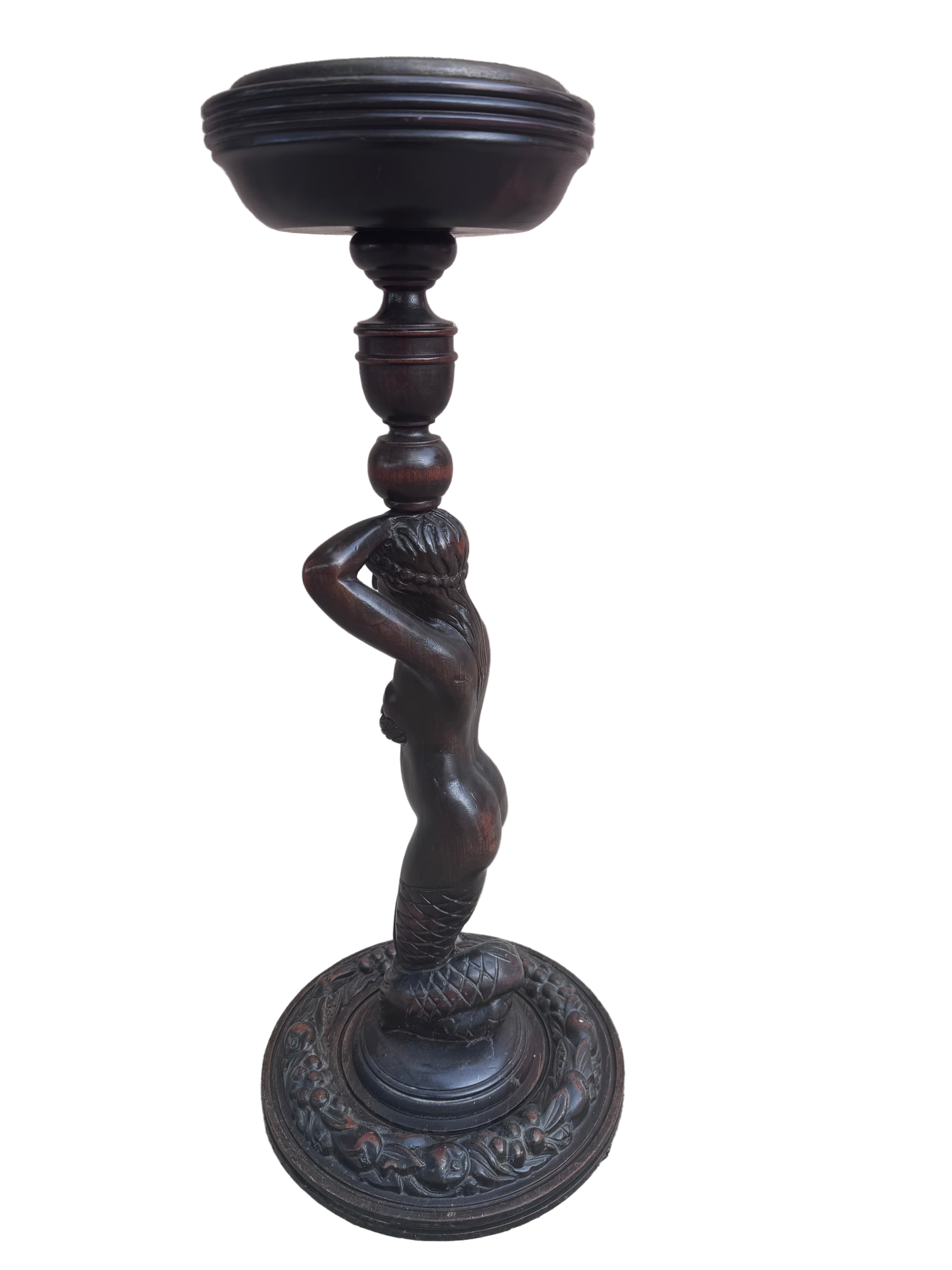 Antique Art Nouveau Style Carved Mahogany Mermaid Foor Ashtray Smoking Stand