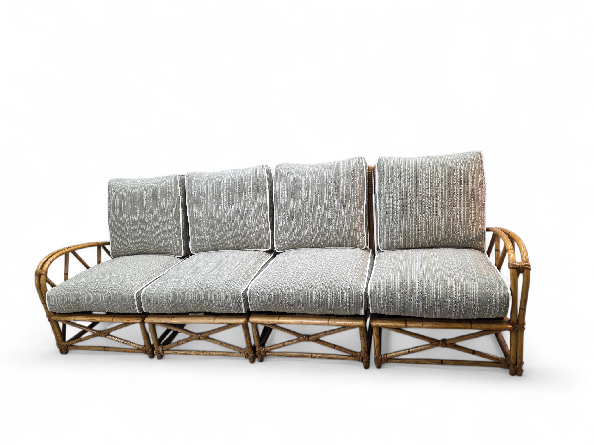 New - Mid Century Modern Coastal Bamboo 4 Piece Modular Sectional Sofa Newly Reupholstered with Two Tier Bamboo Side Tables by Heywood Wakefield