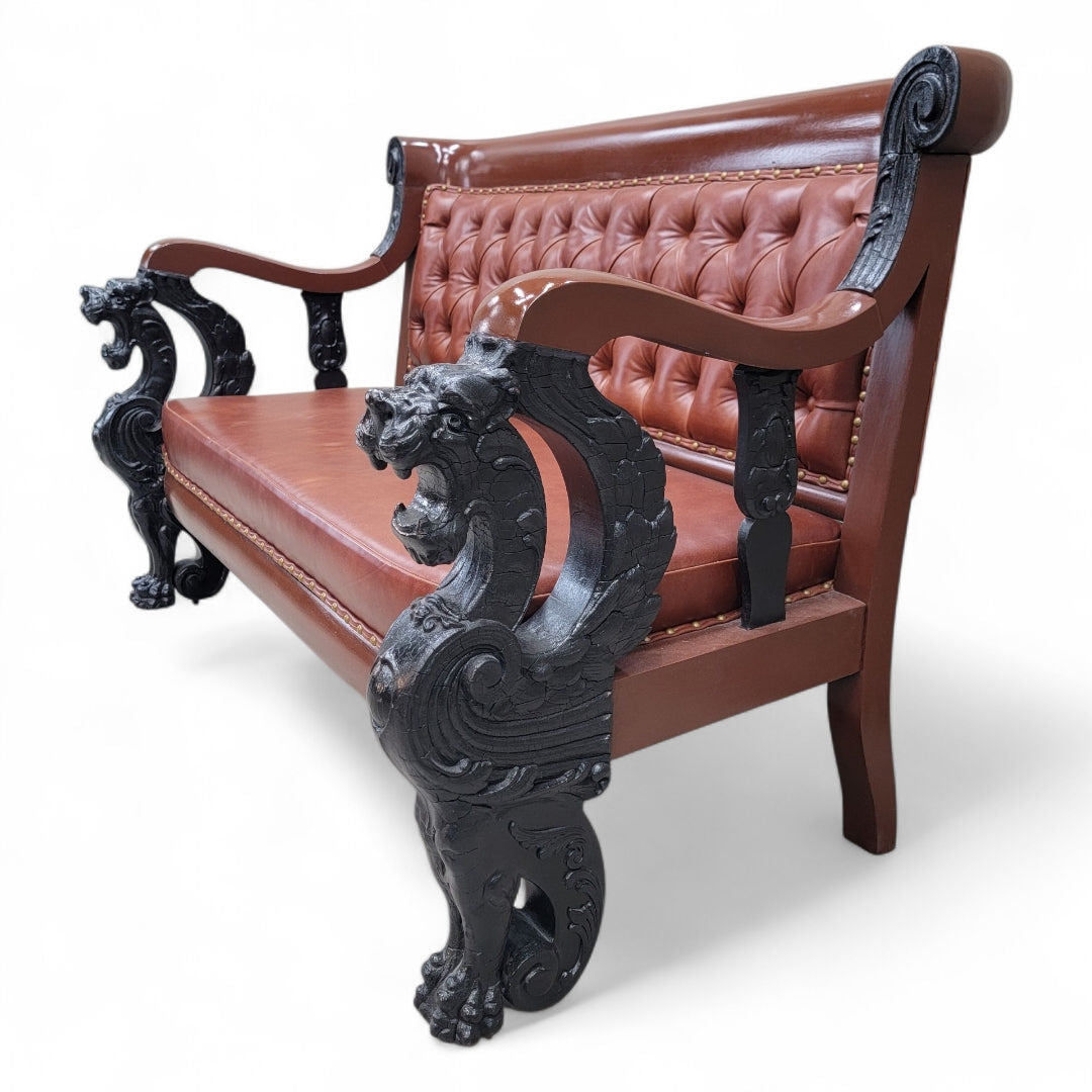 Antique R.J. Horner Style Carved Winged Griffin Tufted Parlor Set Newly Restored & Reupholstered in Leather - 3 Piece Set