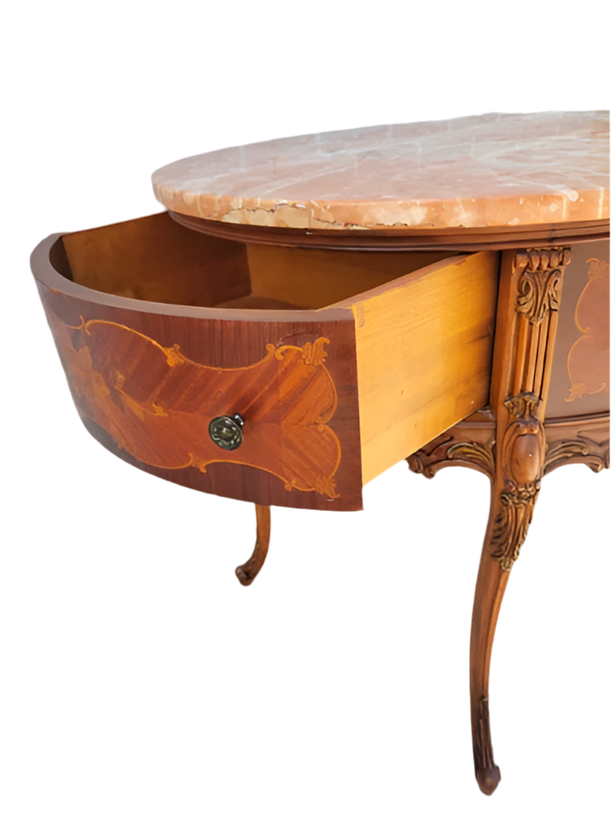 Antique Victorian Round Carved Inlaid Side Table with Pink Marble Top and Two Drawers