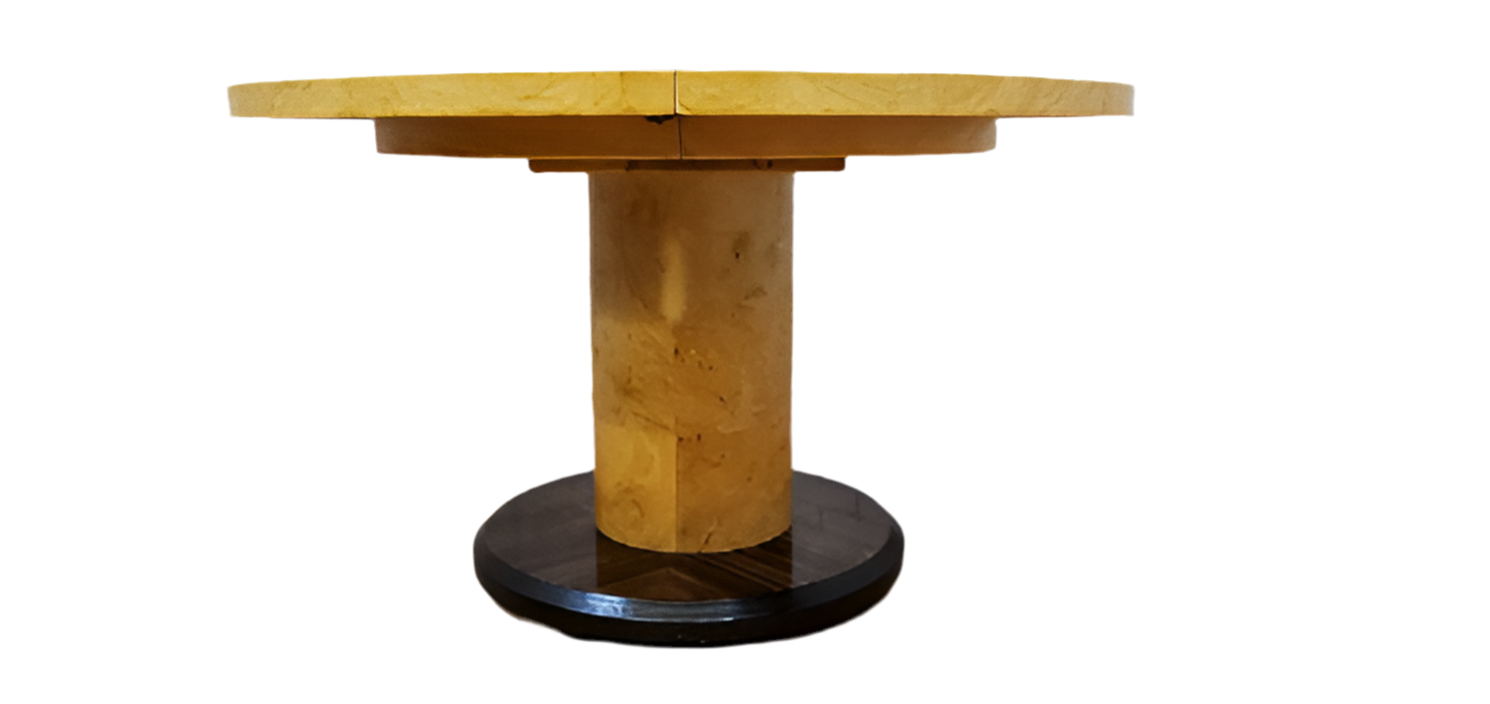 Vintage Blonde Burl & Rosewood Cylinder Pedestal Game Dining Table