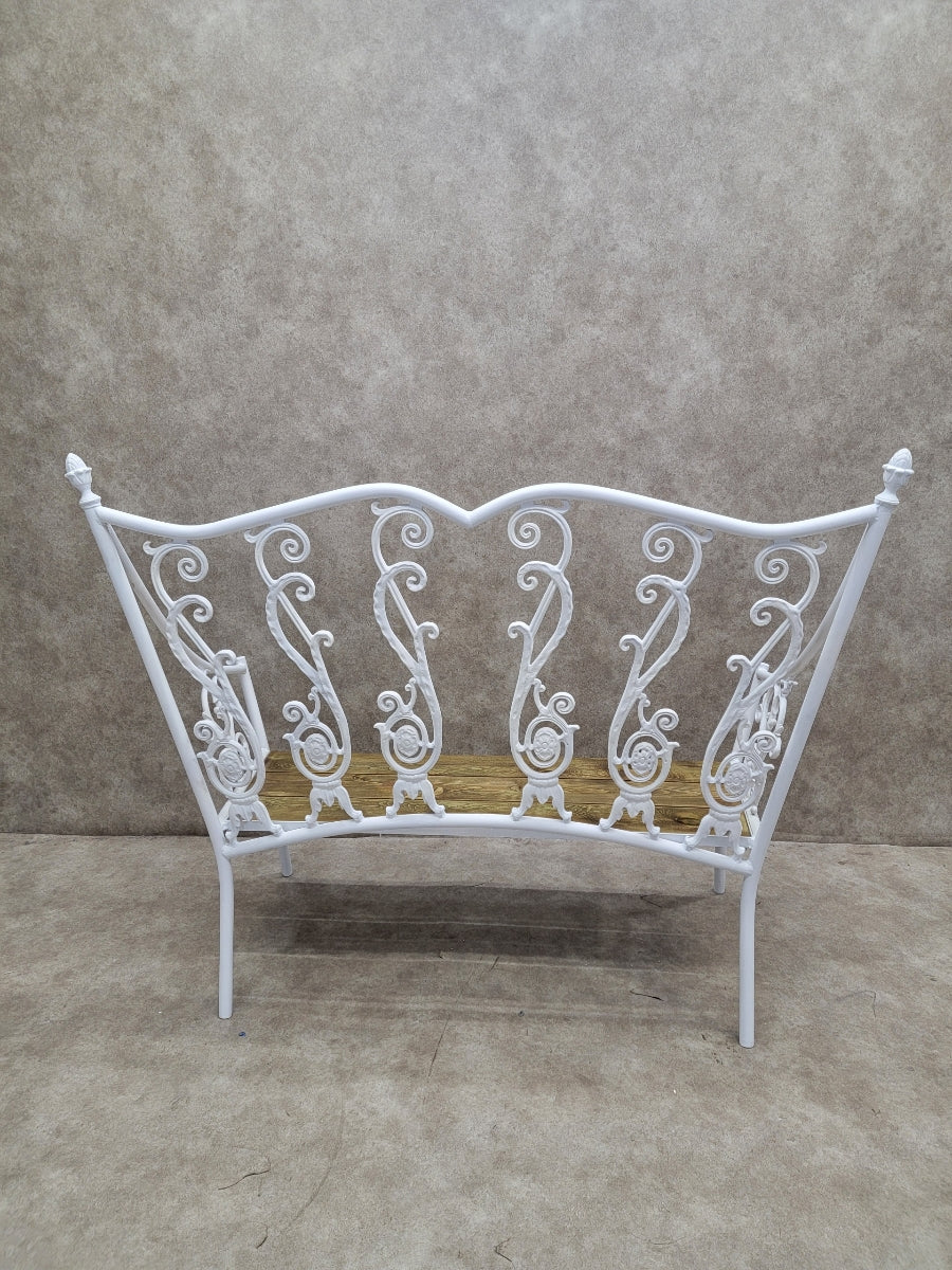 Antique Victorian Colonial Style Hand-Forged White Wrought Iron Restored Cedar Seat Indoor/Outdoor Garden Bench