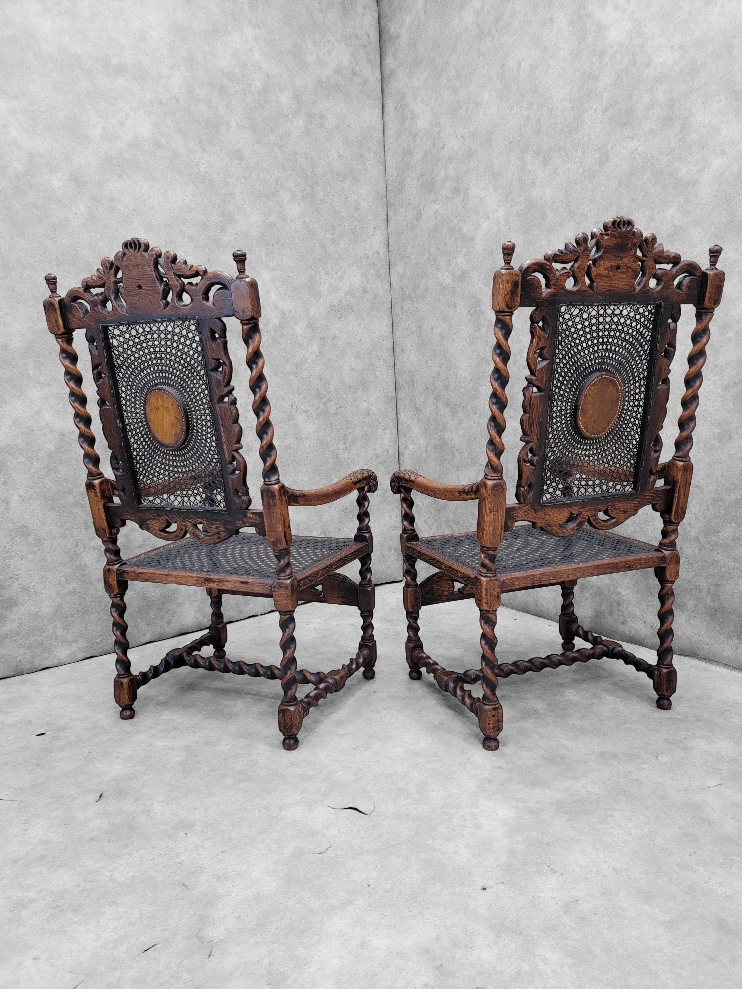 Antique French Jacobean/Renaissance Revival Carved Ornate Figural Throne Chairs - Pair