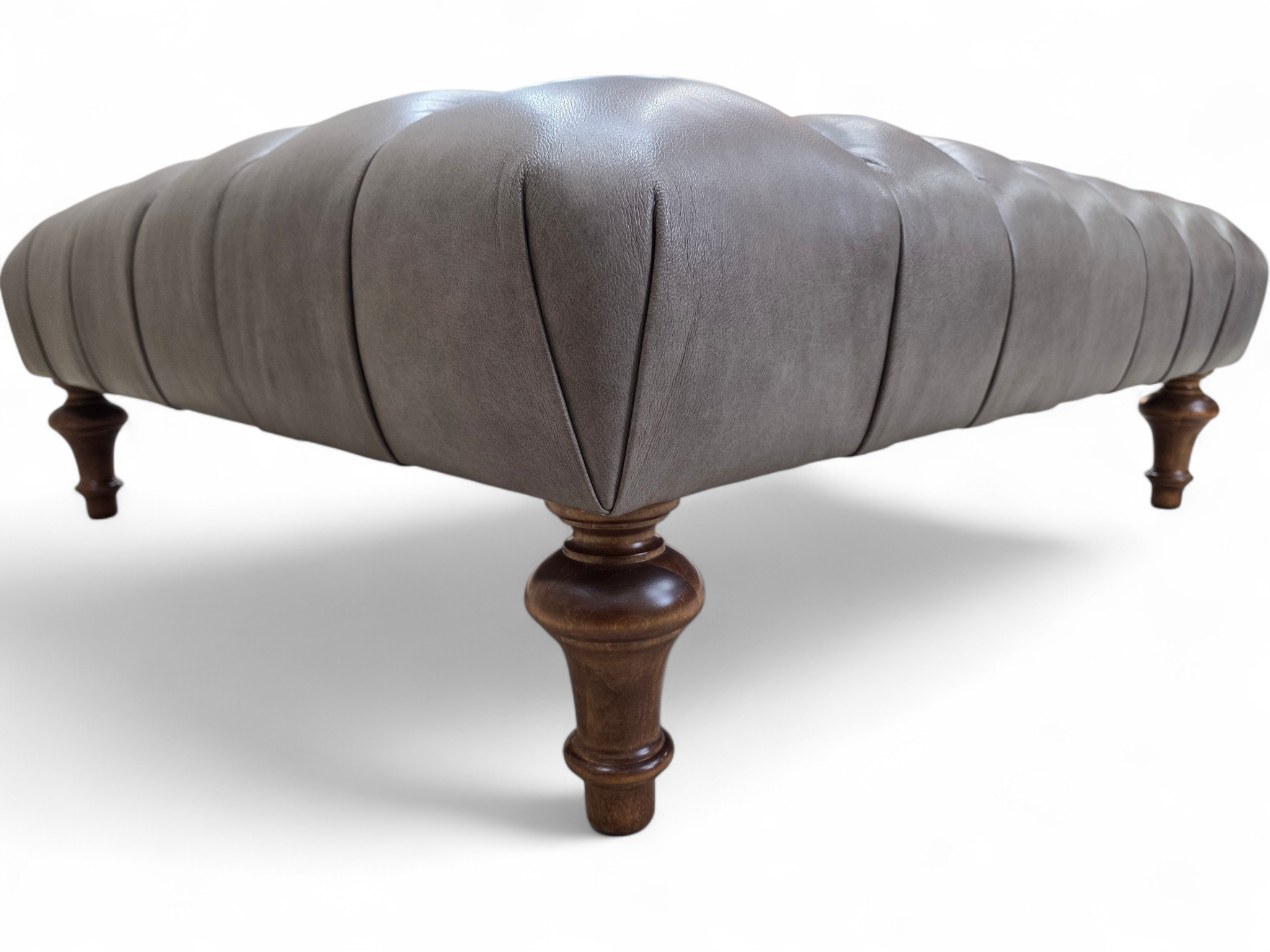 Vintage Chesterfield Style Tufted Gray Leather Ottoman