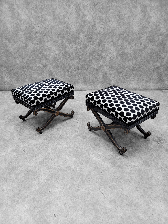 Vintage French Regency Style Ottomans Newly Upholstered in Black & White Velvet Polka Dot Fabric - Pair