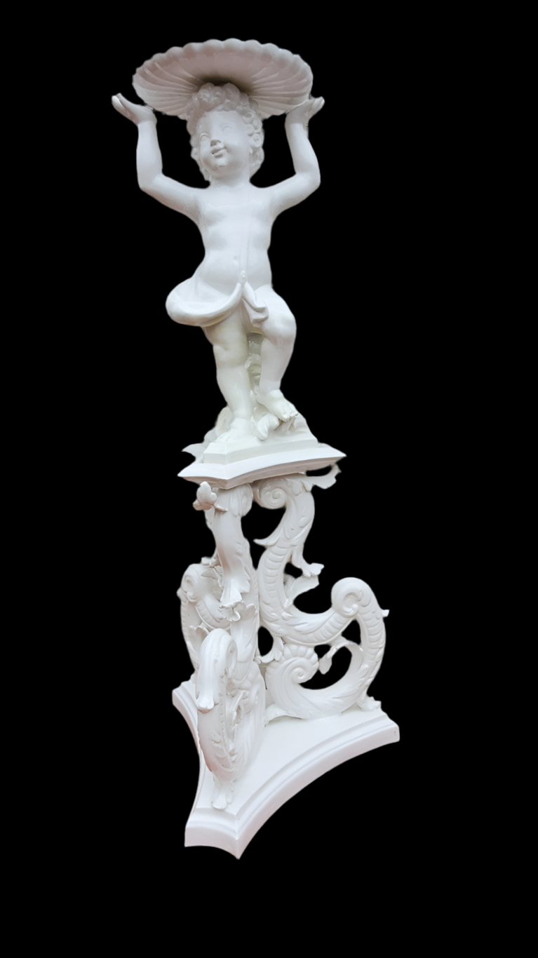 Antique Italian Rococo Style White Capodimonte-Style Cherub Putti Figural Plant Stand / Pedestal Sculpture