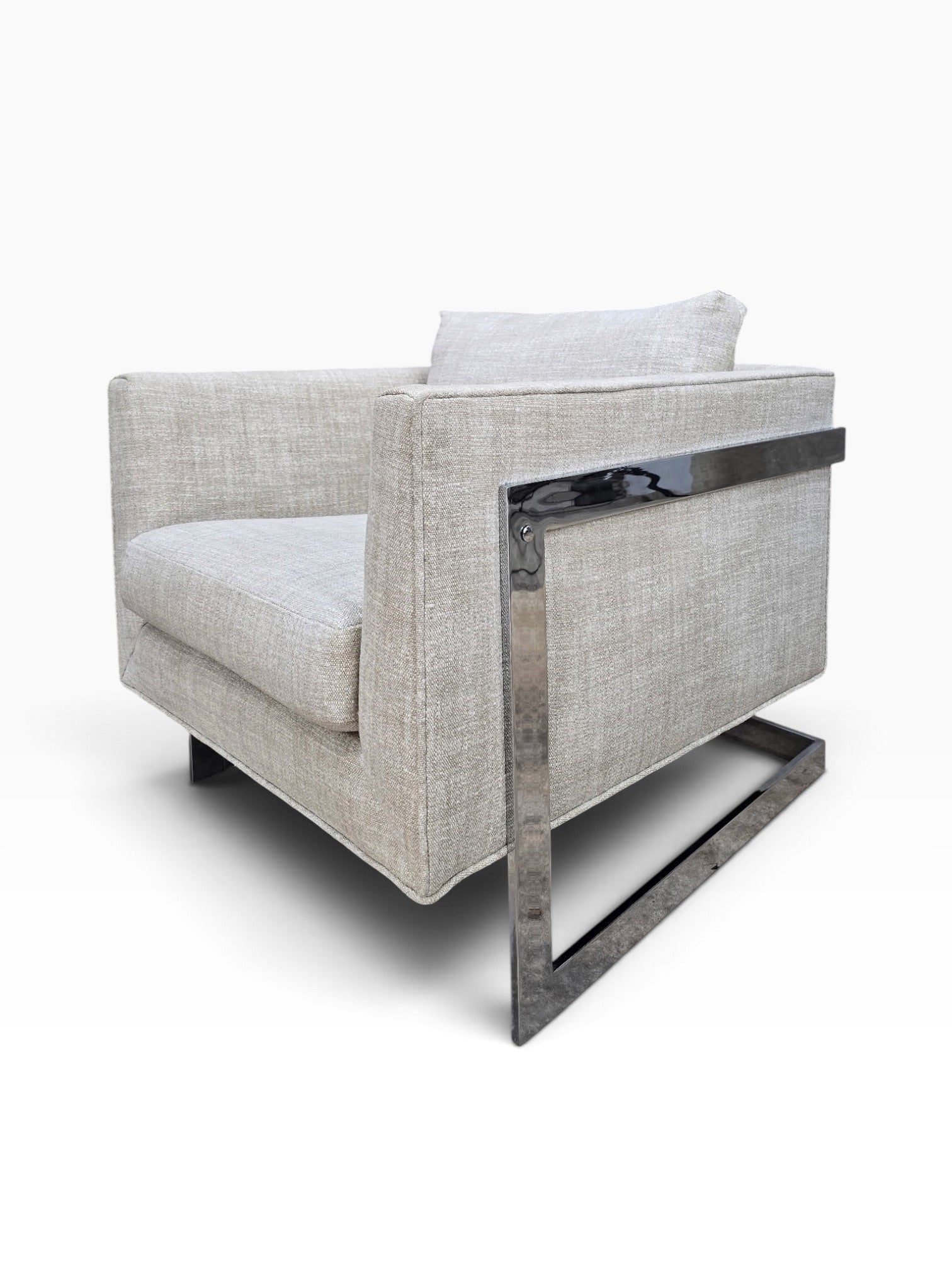 Mid Century Modern Milo Baughman Chrome Flat Bar Cantilever Club Chairs Newly Reupholstered in Natural Linen – Pair