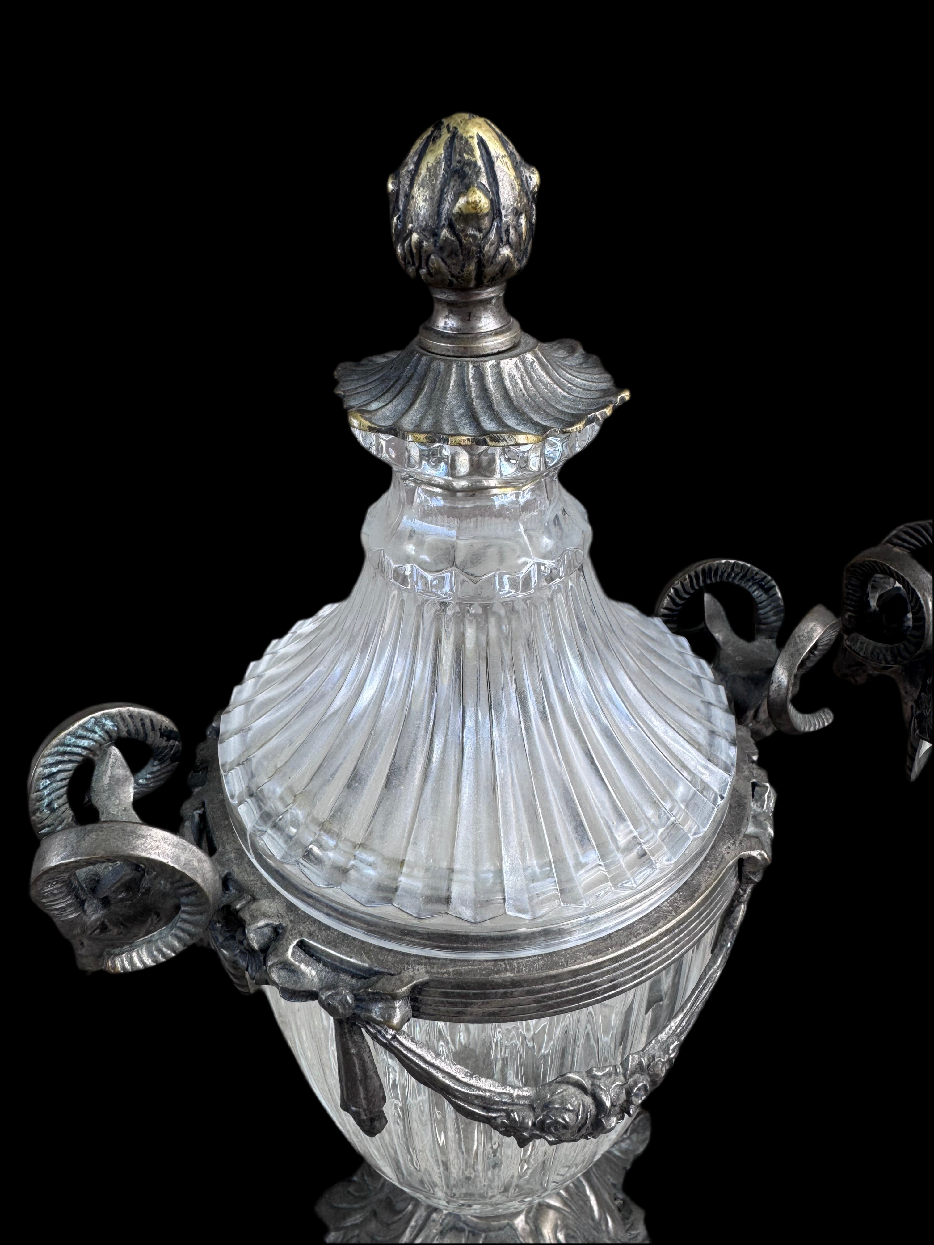 Antique French Crystal and Bronze Cassettes Urns with Ram's Head Handles - Pair