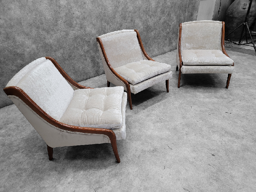 Mid Century Modern Ben Seibel Slipper Chairs Set Newly Upholstered in Velvet - 3 Piece Set