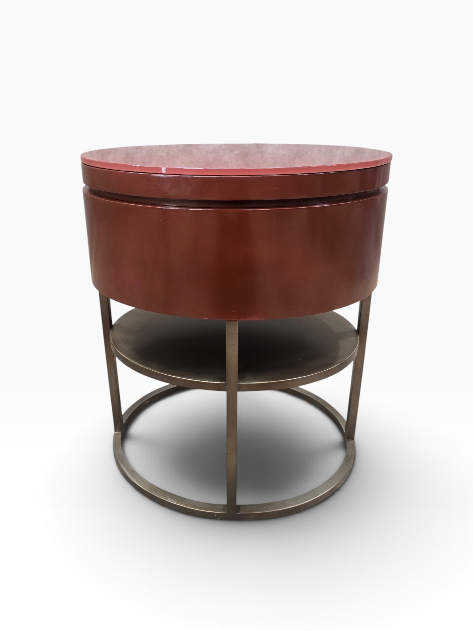 Samuelson Red Lacquered Oval Side Tables with Glass Tops & Brass Finish Stands – Pair