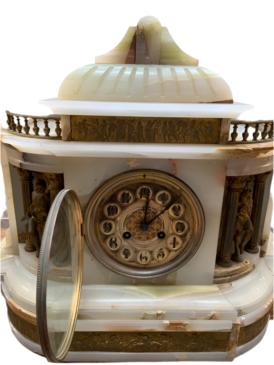 Antique French Louis XVI Style Ornate Figural Medallie D'Argent Vincenti Mantel Clock and 2 Candelabras - Garniture Set