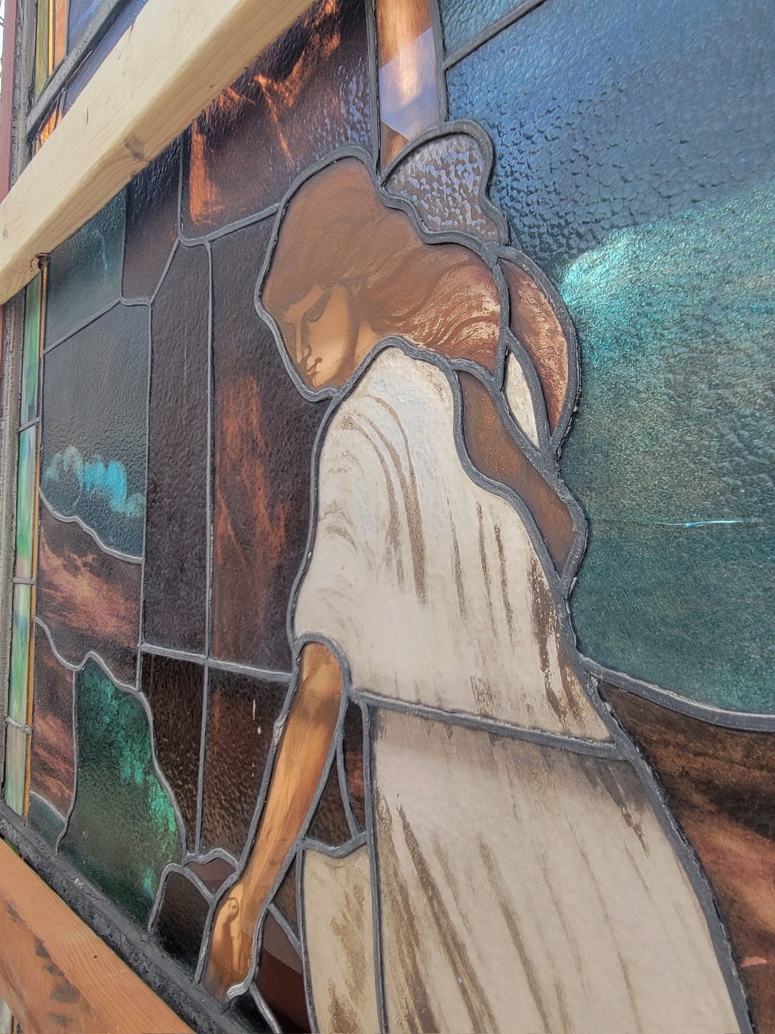 Antique Monumental Tiffany Style Salvaged “Heaven” Stained Glass Window