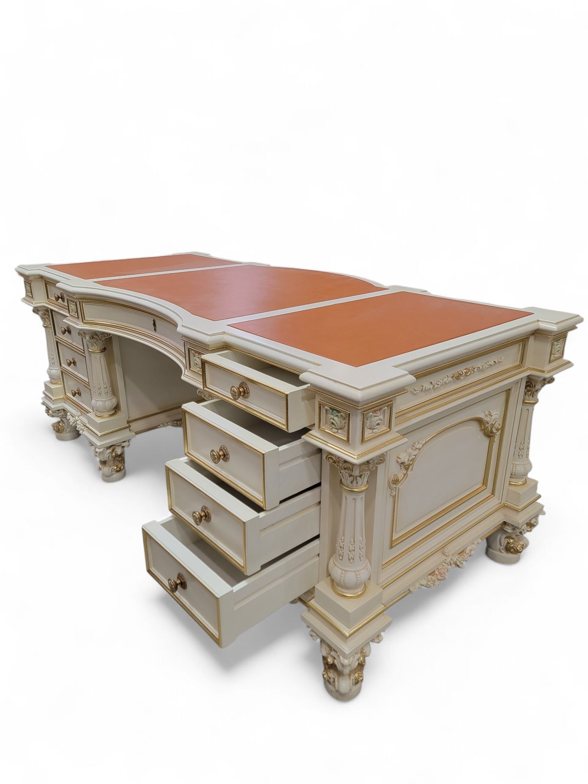 Vintage Custom Venetian Antique Rococo Style Antique White Carved Executive Desk