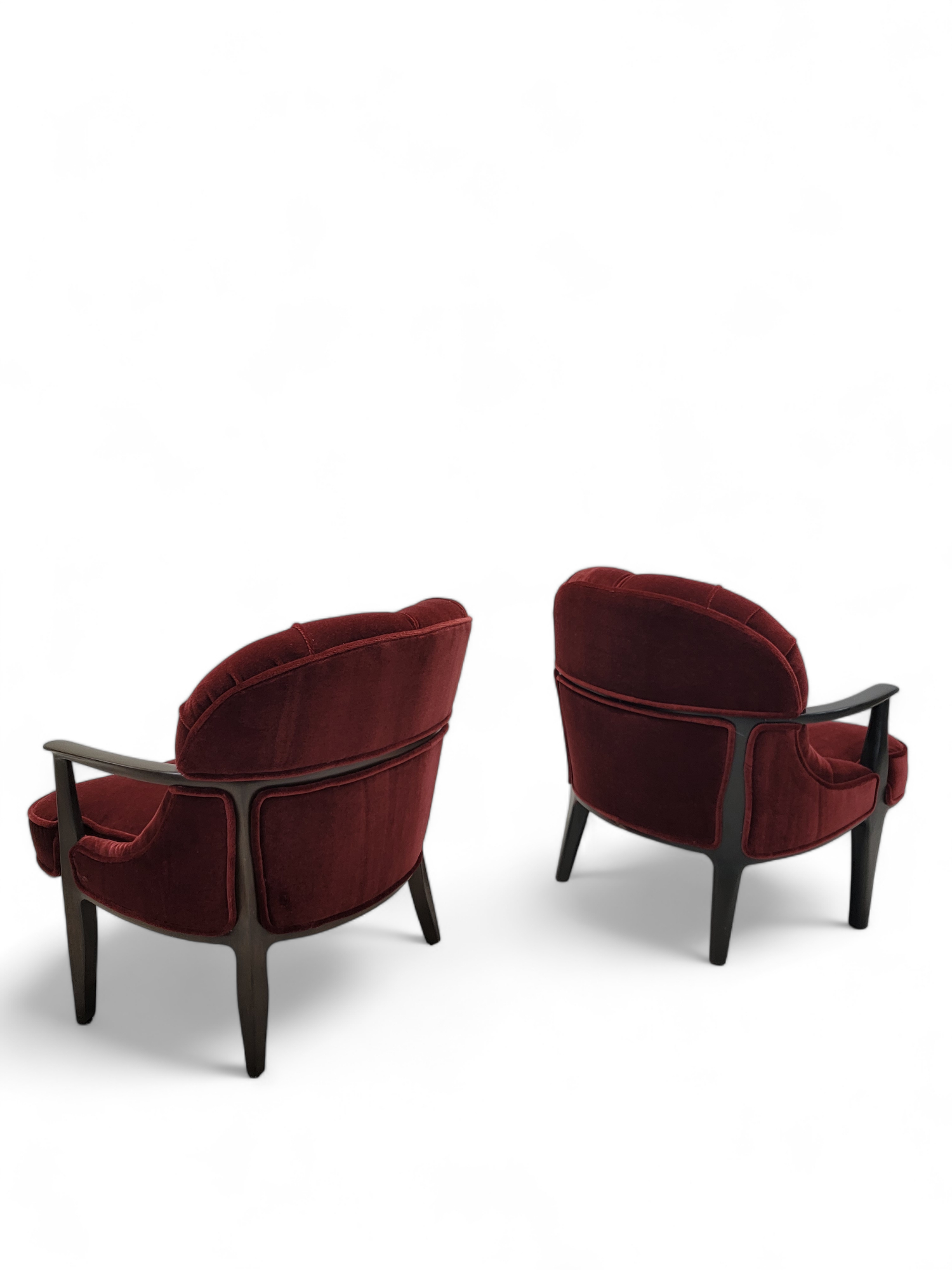 Mid Century Modern Edward Wormley Janus Style Tufted Lounge Chairs Newly Upholstered in Maroon Mohair - Pair