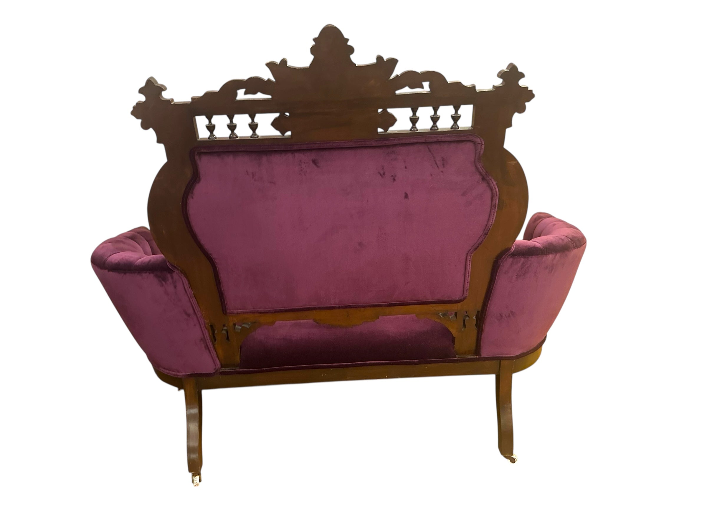 Antique Victorian Eastlake Style 3 Piece Carved Ornate Parlor Set Newly Reupholstered in a Purple Velvet